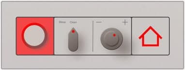 Control panel with a round red button, a toggle, a dial, and a house icon.