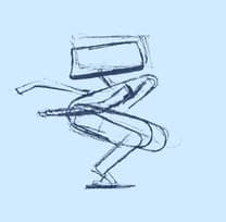 Pencil sketch of a crouching robot with long jointed legs.