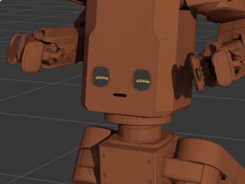 Render of a brown wooden robot with glowing eyes.