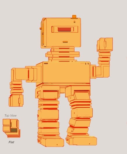 Orange block robot model waving, with a top view of its fist.