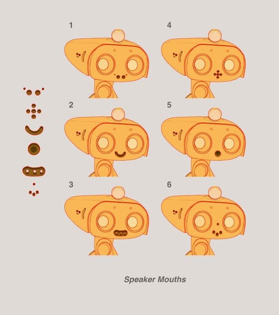 Six expression studies of an orange robot head with different speaker mouths.