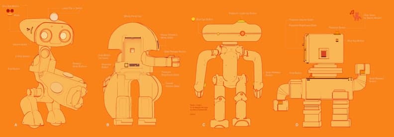 Turnaround of four orange robot designs.